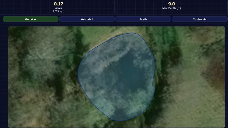 MyPond pond overview: a pond's shoreline traced on satellite imagery, with its acreage and maximum depth